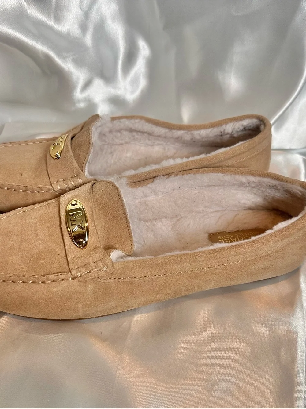 Michael Kors Tan Suede Shearling-Lined Slip-On Loafers